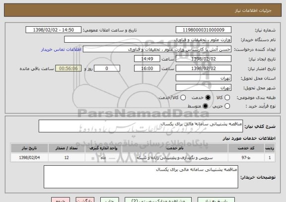 استعلام مناقصه پشتیبانی سامانه مالی برای یکسال