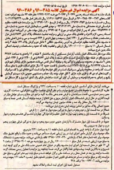 مزایده مزایده ششدانگ اعیان یکباب آپارتمان مسکونی