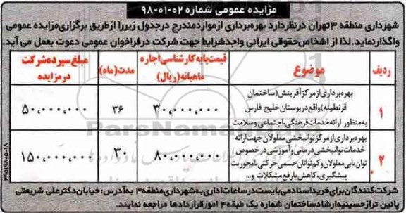 مزایده، مزایده واگذاری بهره برداری از مرکز آفرینش و...