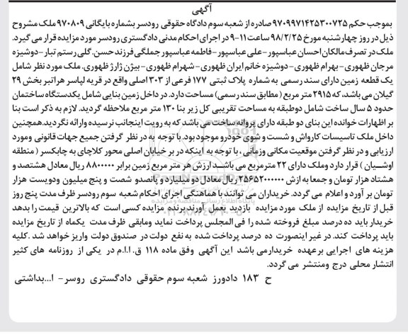 مزایده، مزایده یک قطعه زمین پلاک ثبتی 177 فرعی