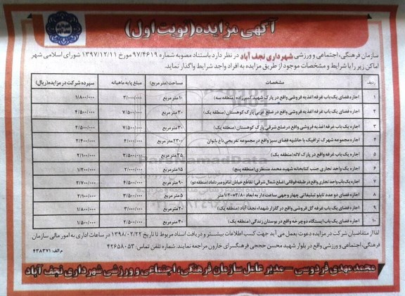آگهی مزایده ,مزایده واگذاری اماکن شامل اجاره فضای یک باب غرفه اغذیه فروشی ....