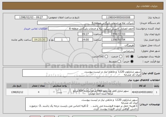 استعلام سوپر شارژلودر L120  و مابقی نیاز در لیست پیوست.
ایران کد مشابه