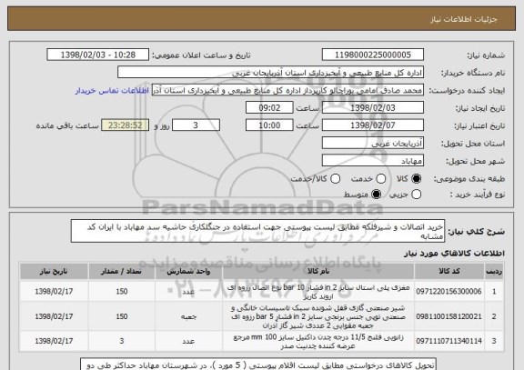 استعلام خرید اتصالات و شیرفلکه مطابق لیست پیوستی جهت استفاده در جنگلکاری حاشیه سد مهاباد با ایران کد مشابه