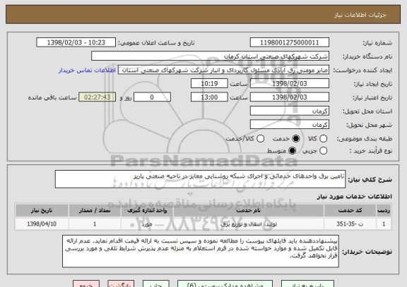 استعلام تامین برق واحدهای خدماتی و اجرای شبکه روشنایی معابر در ناحیه صنعتی پاریز