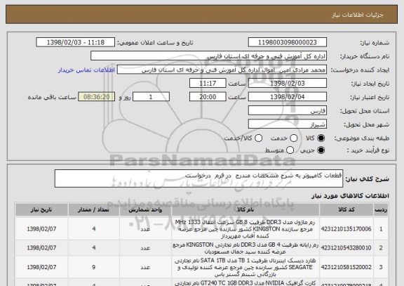 استعلام قطعات کامپیوتر به شرح مشخصات مندرج  در فرم  درخواست 