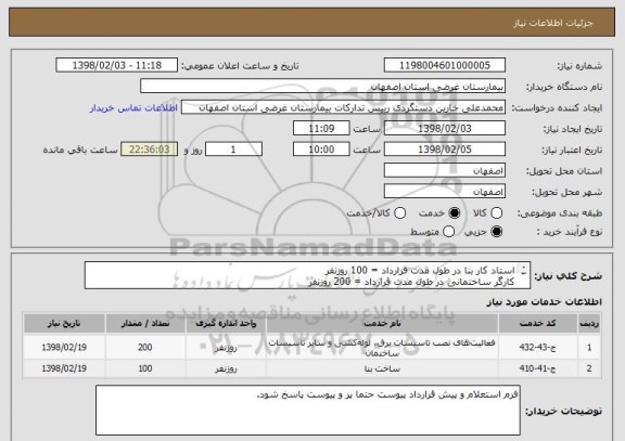استعلام استاد کار بنا در طول مدت قرارداد = 100 روزنفر
کارگر ساختمانی در طول مدت قرارداد = 200 روزنفر
( طبق فرم استعلام و قرارداد پیوست)