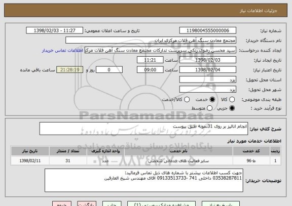 استعلام انجام انالیز بر روی 31نمونه طبق پیوست 