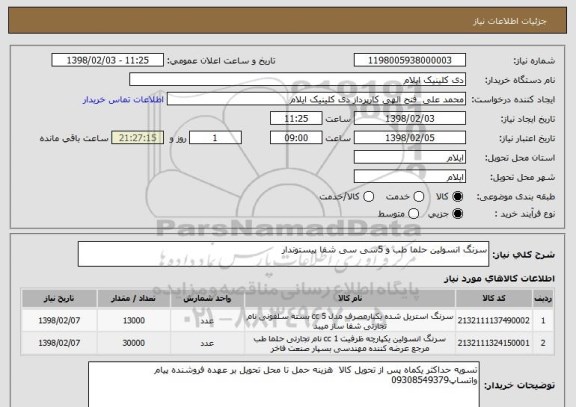 استعلام سرنگ انسولین حلما طب و 5سی سی شفا پیستوندار 