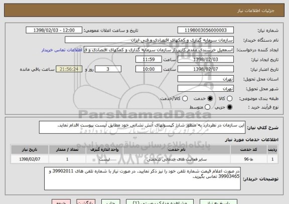 استعلام این سازمان در نظردارد به منظور شارژ کپسولهای آتش نشانی خود مطابق لیست پیوست اقدام نماید. 