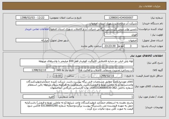 استعلام لوله پلی اتیلن دو جداره فاضلابی کاروگیت کوپلردار قطر 400 میلیمتر با واشرهای مربوطه
