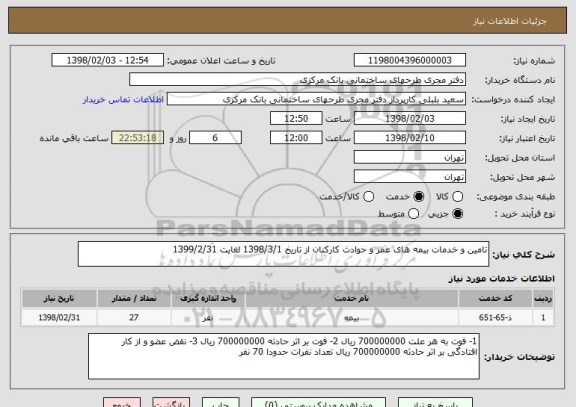 استعلام تامین و خدمات بیمه های عمر و حوادث کارکنان از تاریخ 1398/3/1 لغایت 1399/2/31