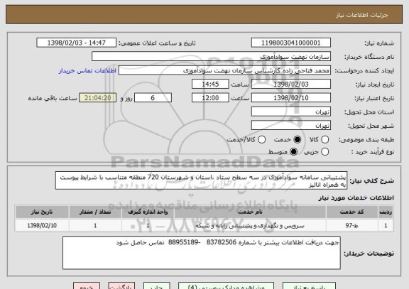 استعلام پشتیبانی سامانه سوادآموزی در سه سطح ستاد ،استان و شهرستان 720 منطقه متناسب با شرایط پیوست به همراه انالیز 