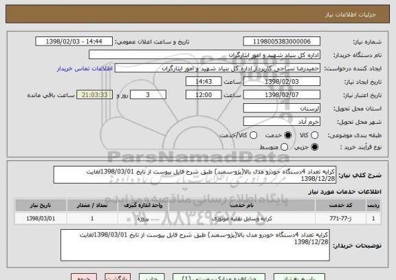 استعلام کرایه تعداد 4دستگاه خودرو مدل بالا(پژو-سمند) طبق شرح فایل پیوست از تایخ 1398/03/01لغایت 1398/12/28 