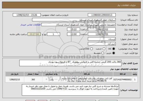 استعلام 360 پاکت 200 گرمی حشره کش و لاروکش بیولوژیک  BT با فرمولاسیون پودری