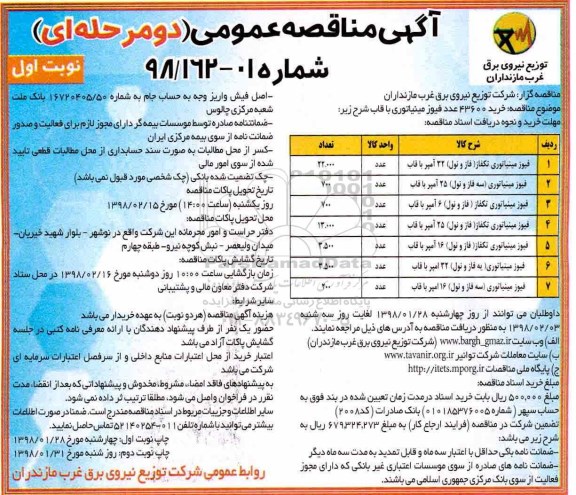 مناقصه ، مناقصه خرید 43600 عدد فیوز مینیاتوری با قاب 