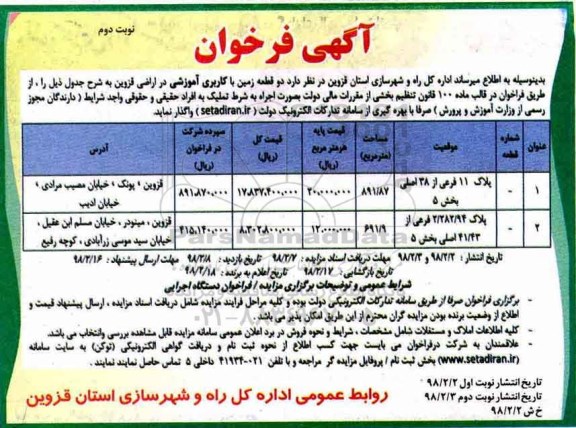 آگهی فراخوان, فراخوان واگذاری بصورت اجاره به شرط تملیک دو قطعه زمین با کاربری آموزشی - نوبت دوم