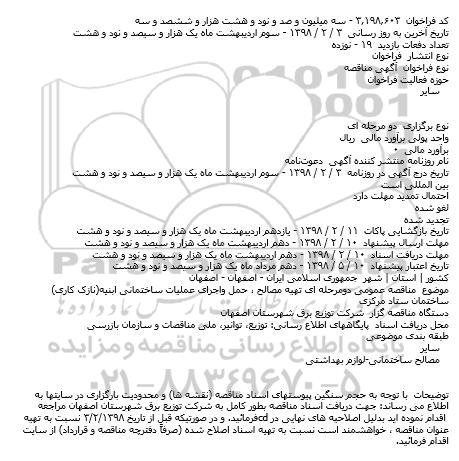 مناقصه, مناقصه عمومی تهیه مصالح، حمل و اجرای عملیات ساختمانی ابنیه ...