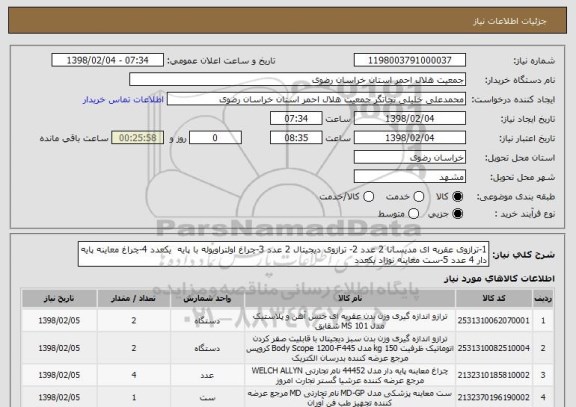 استعلام 1-ترازوی عقربه ای مدیسانا 2 عدد 2- ترازوی دیجیتال 2 عدد 3-چراغ اولتراویوله با پایه  یکعدد 4-چراغ معاینه پایه دار 4 عدد 5-ست معاینه نوزاد یکعدد