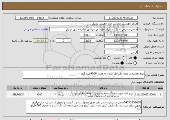 استعلام برنج هاشمی درجه یک الک شده به مقدار 4000کیلو گرم 