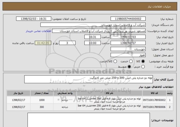 استعلام لوله دو جداره پلی اتیلن 200 و 250 میلی متر کاروگیت