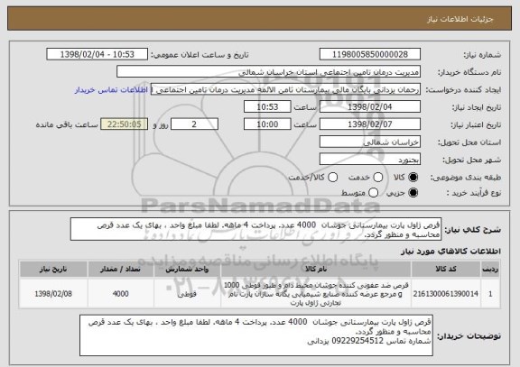 استعلام قرص ژاول پارت بیمارستانی جوشان  4000 عدد. پرداخت 4 ماهه. لطفا مبلغ واحد ، بهای یک عدد قرص محاسبه و منظور گردد.
