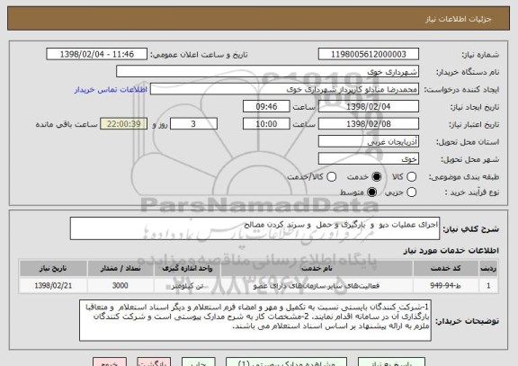 استعلام اجرای عملیات دپو  و  بارگیری و حمل  و سرند کردن مصالح 