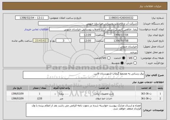 استعلام برق رسانی به مجتمع گرماب شهرستان قاین.