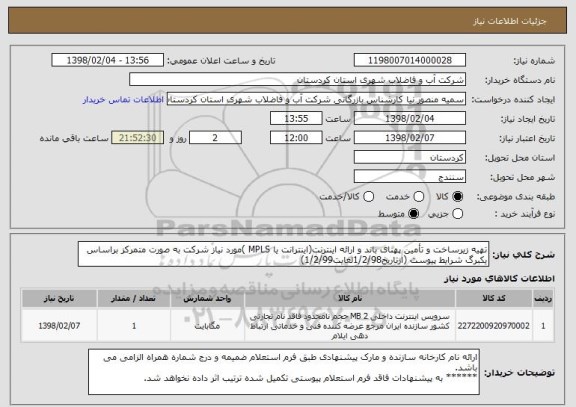 استعلام تهیه زیرساخت و تأمین پهنای باند و ارائه اینترنت(اینترانت یا MPLS )مورد نیاز شرکت به صورت متمرکز براساس یکبرگ شرایط پیوست (ازتاریخ1/2/98لغایت1/2/99) 