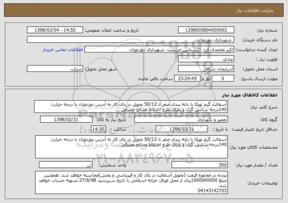 استعلام آسفالت گرم توپکا با دانه بندی صفر تا 50/12 تحویل در پای کار به آدرس دوزدوزان با درجه حرارت 140درجه سانتی گراد و دارای طرح اختلاط مصالح مصرفی