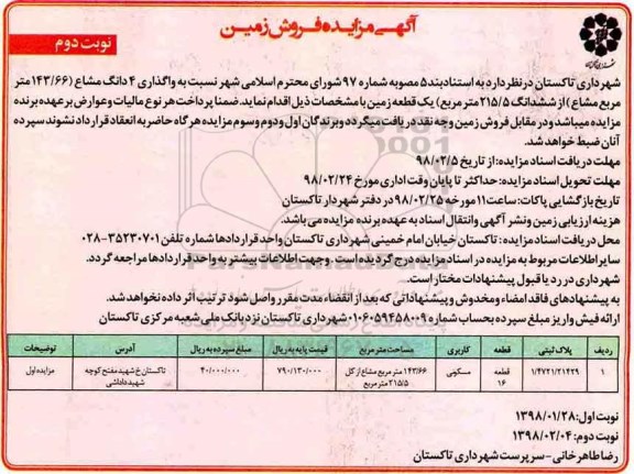 مزایده،مزایده 4 دانگ مشاع از 215.5 مترمربع زمین نوبت دوم
