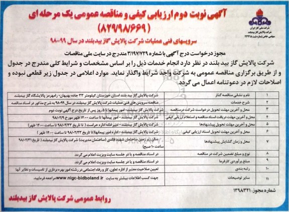 مناقصه عمومی , مناقصه سرویس های فنی عملیات شرکت 