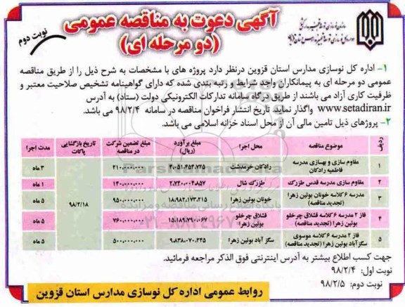 آگهی دعوت به مناقصه عمومی, مناقصه مقاوم سازی و بهسازی مدرسه... نوبت دوم
