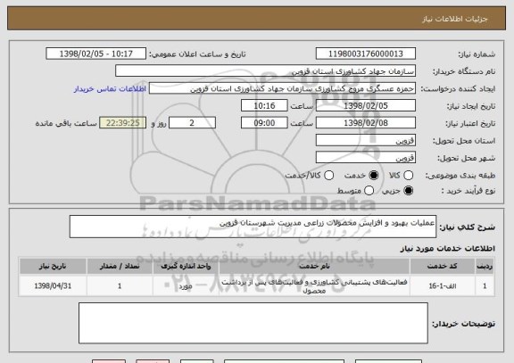 استعلام عملیات بهبود و افزایش محصولات زراعی مدیریت شهرستان قزوین