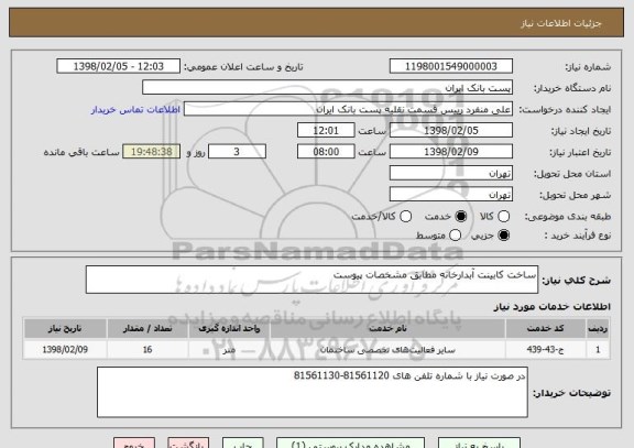 استعلام ساخت کابینت آبدارخانه مطابق مشخصات پیوست