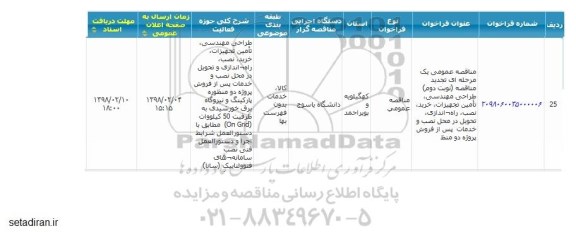 مناقصه , تجدید مناقصه طراحی مهندسی ، تامین تجهیزات ، خرید ، نصب و ... 