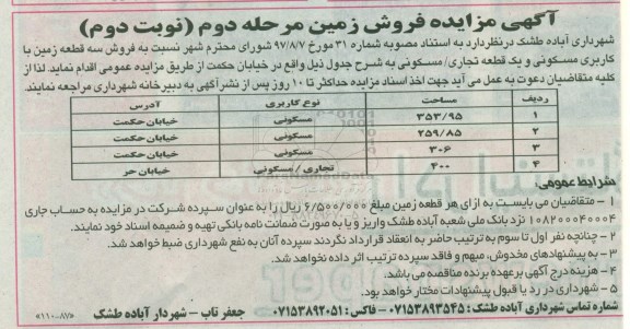 مزایده , مزایده فروش سه قطعه زمین با کاربری مسکونی و قطعه تجاری مسکونی - نوبت دوم