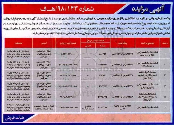 مزایده،مزایده فروش ششدانگ یک قطعه زمین کاربری درمانی