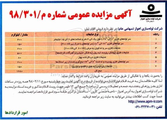 مزایده, مزایده سرلوله های فلزی و...