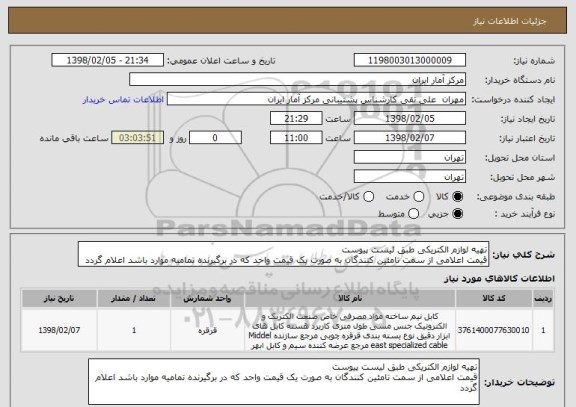 استعلام تهیه لوازم الکتریکی طبق لیست پیوست
قیمت اعلامی از سمت تامئین کنندگان به صورت یک قیمت واحد که در برگیرنده تمامیه موارد باشد اعلام گردد