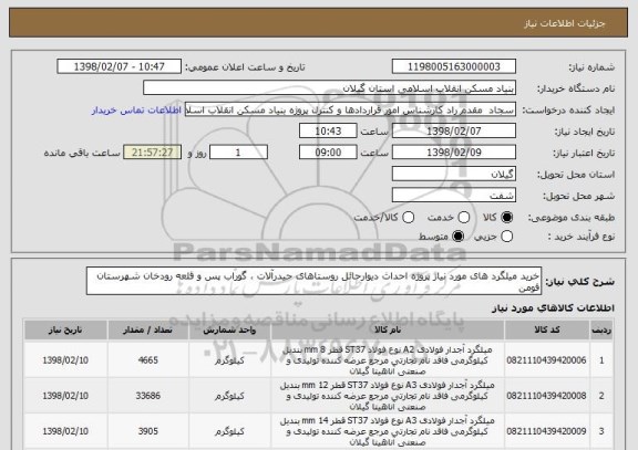 استعلام خرید میلگرد های مورد نیاز پروژه احداث دیوارحائل روستاهای حیدرآلات ، گوراب پس و قلعه رودخان شهرستان فومن