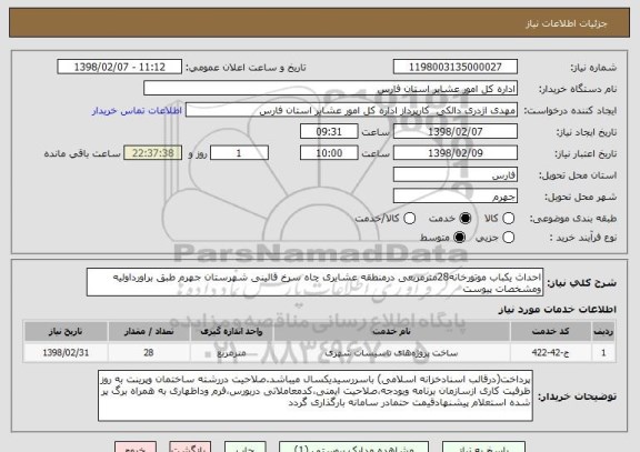 استعلام احداث یکباب موتورخانه28مترمربعی درمنطقه عشایری چاه سرخ قالینی شهرستان جهرم طبق براورداولیه ومشخصات پیوست