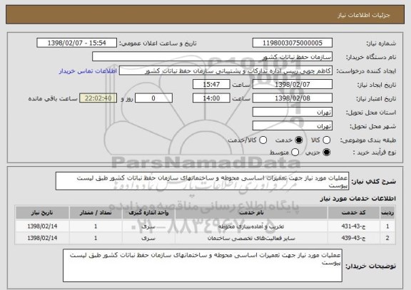 استعلام عملیات مورد نیاز جهت تعمیرات اساسی محوطه و ساختمانهای سازمان حفظ نباتات کشور طبق لیست پیوست 