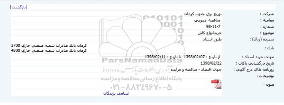 مناقصه ، مناقصه خرید انواع کابل 