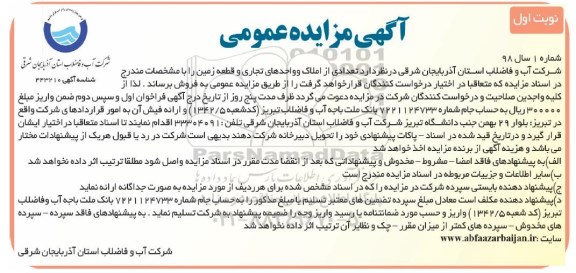 مزایده مزایده فروش تعدادی از املاک و واحدهای تجاری و قطعه زمین