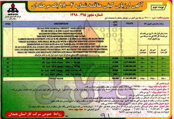 مناقصه ، مناقصه خرید 160.000 متر لوله پلی اتیلن - نوبت دوم