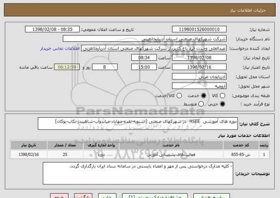 استعلام دوره های آموزشی  HSEE  در شهرکهای صنعتی (اشنویه-نقده-مهاباد-میاندوآب-شاهیندژ-تکاب-بوکان)