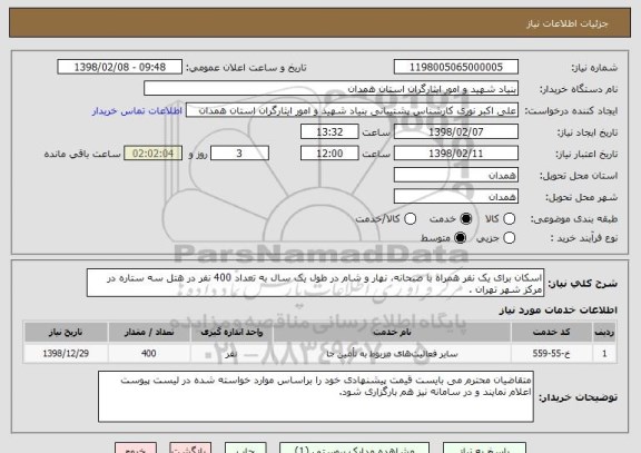 استعلام اسکان برای یک نفر همراه با صبحانه، نهار و شام در طول یک سال به تعداد 400 نفر در هتل سه ستاره در مرکز شهر تهران .