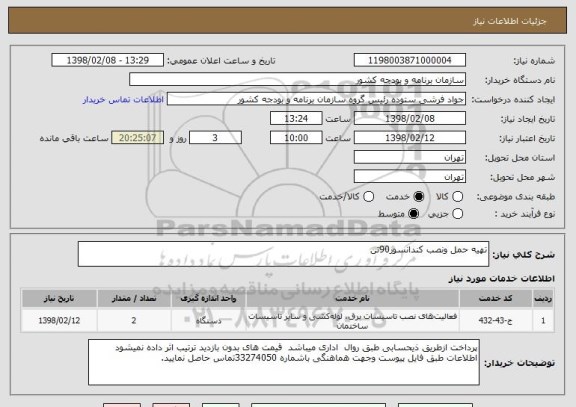 استعلام تهیه حمل ونصب کندانسور90تن 