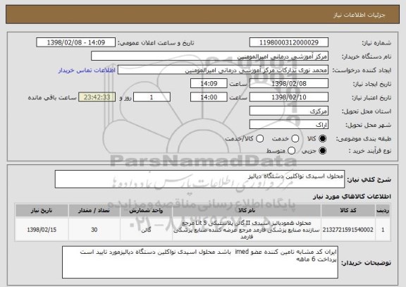 استعلام محلول اسیدی نواکلین دستگاه دیالیز