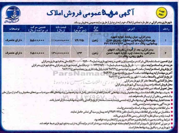 مزایده مزایده فروش تعدادی از املاک نوبت دوم